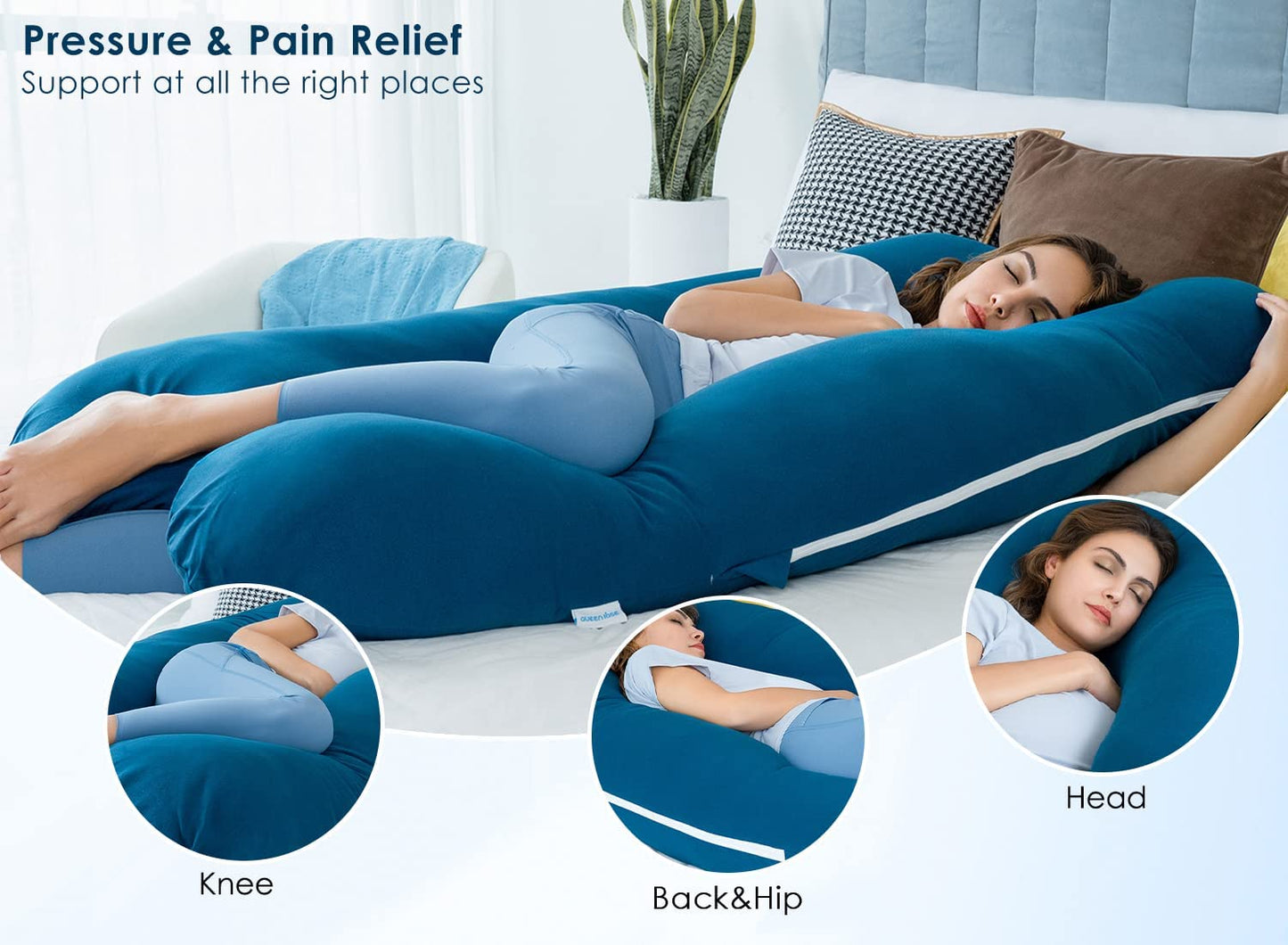 Maternity Pillow | Full Body Support Pillow With Inner - Ball Fiber Filled | U-Shaped - Fine Quality -Blue