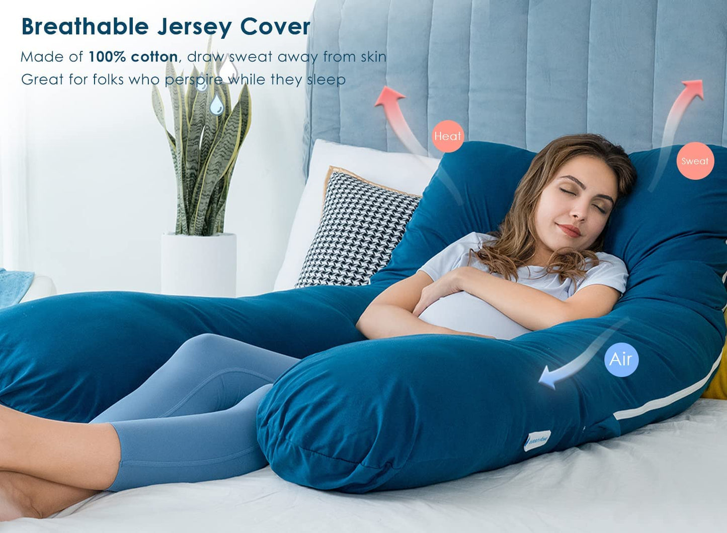 Maternity Pillow | Full Body Support Pillow With Inner - Ball Fiber Filled | U-Shaped - Fine Quality -Blue