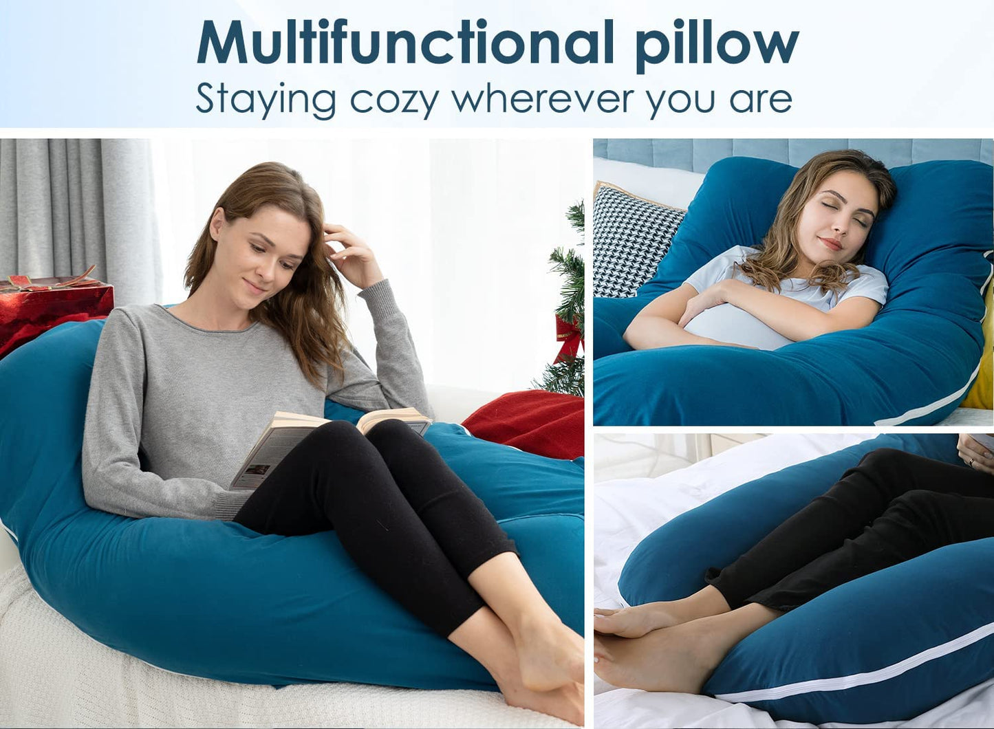 Maternity Pillow | Full Body Support Pillow With Inner - Ball Fiber Filled | U-Shaped - Fine Quality -Blue