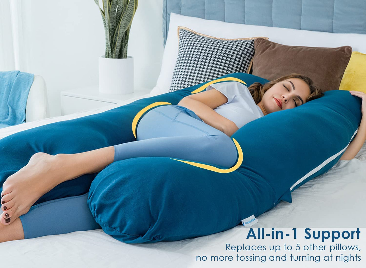 Maternity Pillow | Full Body Support Pillow With Inner - Ball Fiber Filled | U-Shaped - Fine Quality -Blue